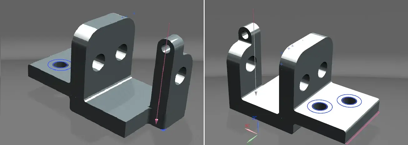 CAD rendering of a bracket, seen from two angles
