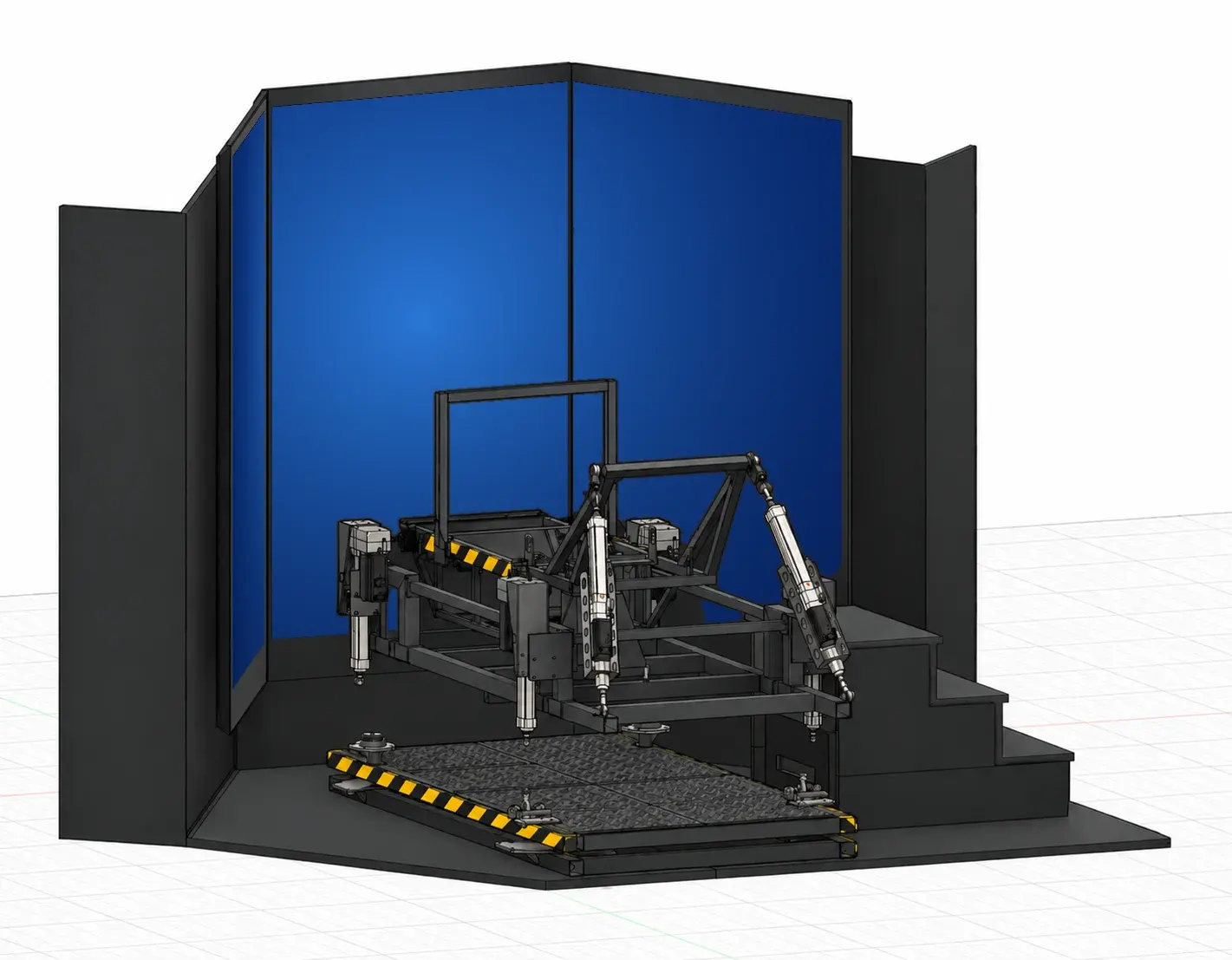 CAD model of a full-motion racing simulator with its screen enclosure